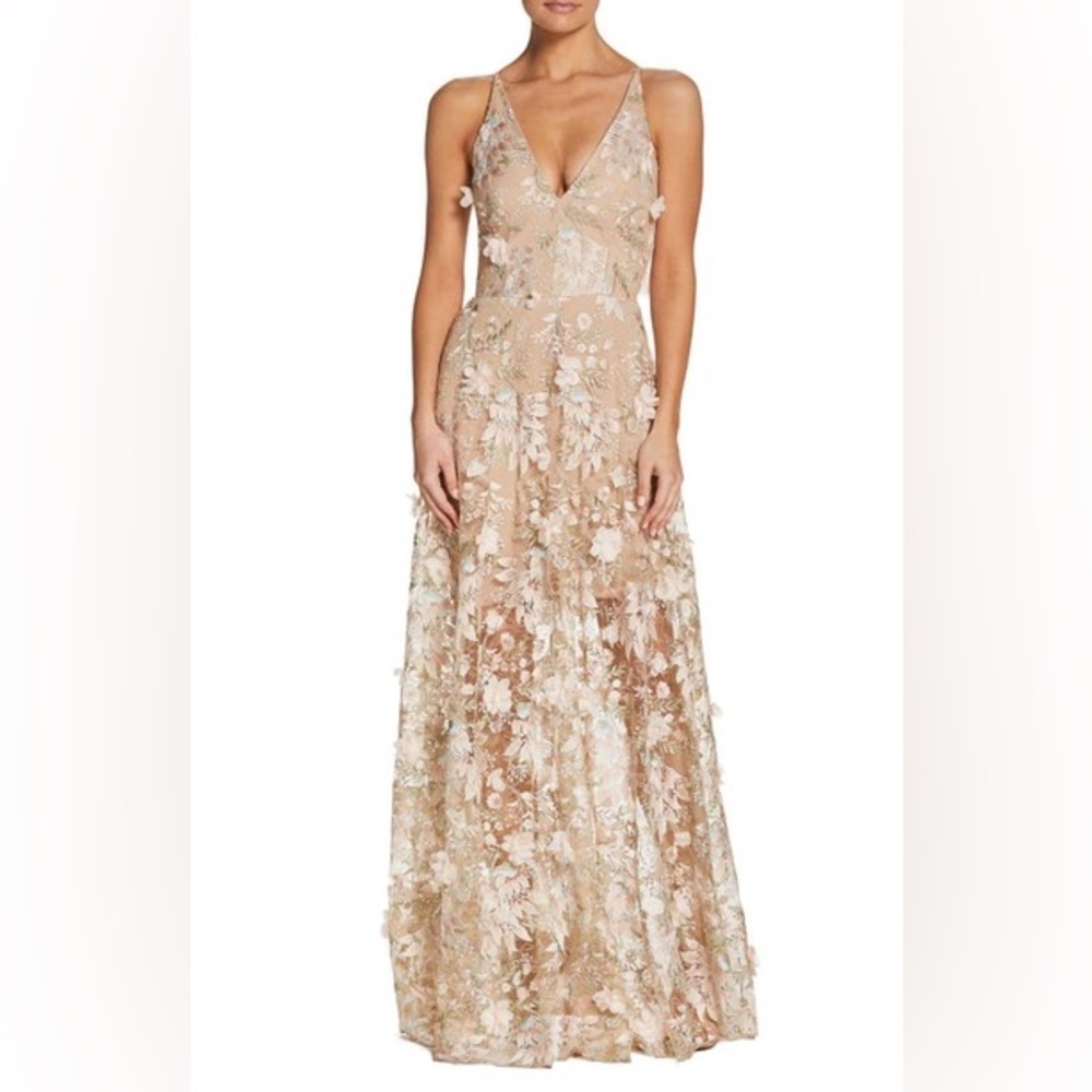DRESS THE POPULATION Sidney Deep V-Neck 3D Lace Gown Pink Floral